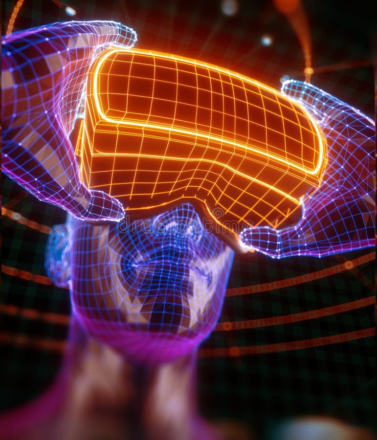 3D render, visualization of a man holding virtual reality glasses, electronic device, head surrounded by virtual data with neon grid. User interface. Player one ready for the game. Virtual experience. 3D render, visualization of a man holding virtual reality glasses, electronic device, head surrounded by virtual data with neon grid. User interface. Player one ready for the game. Virtual experience